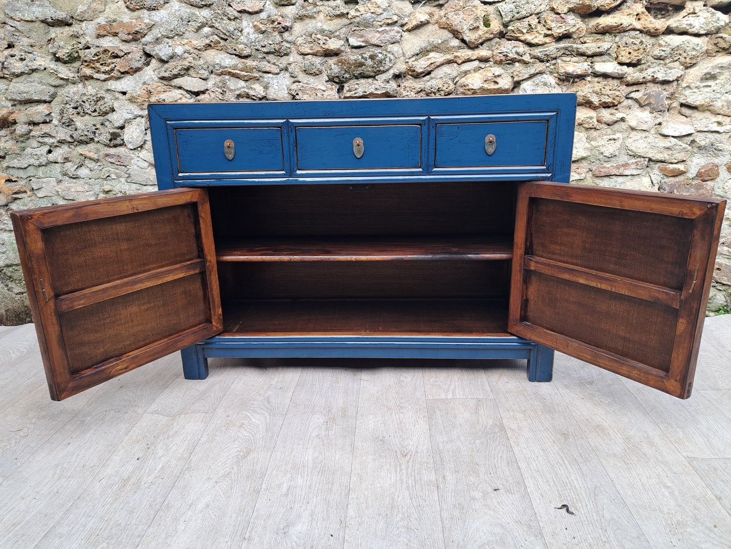 Buffet Salon Laqué Bleu Pétrole 3 Tiroirs 2 Portes | Mobello