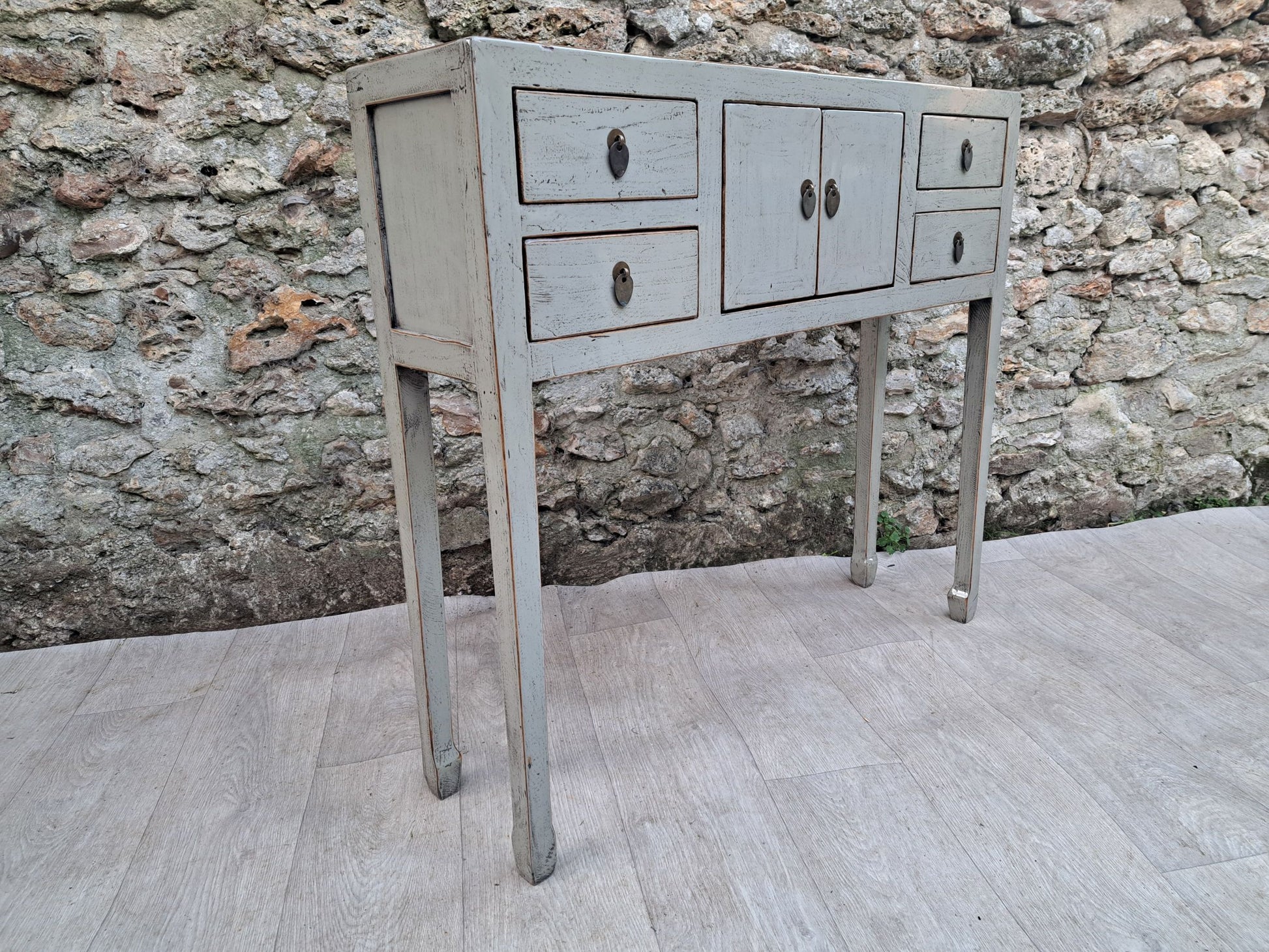 Console grise laquée 2 portes et 4 tiroirs gauche