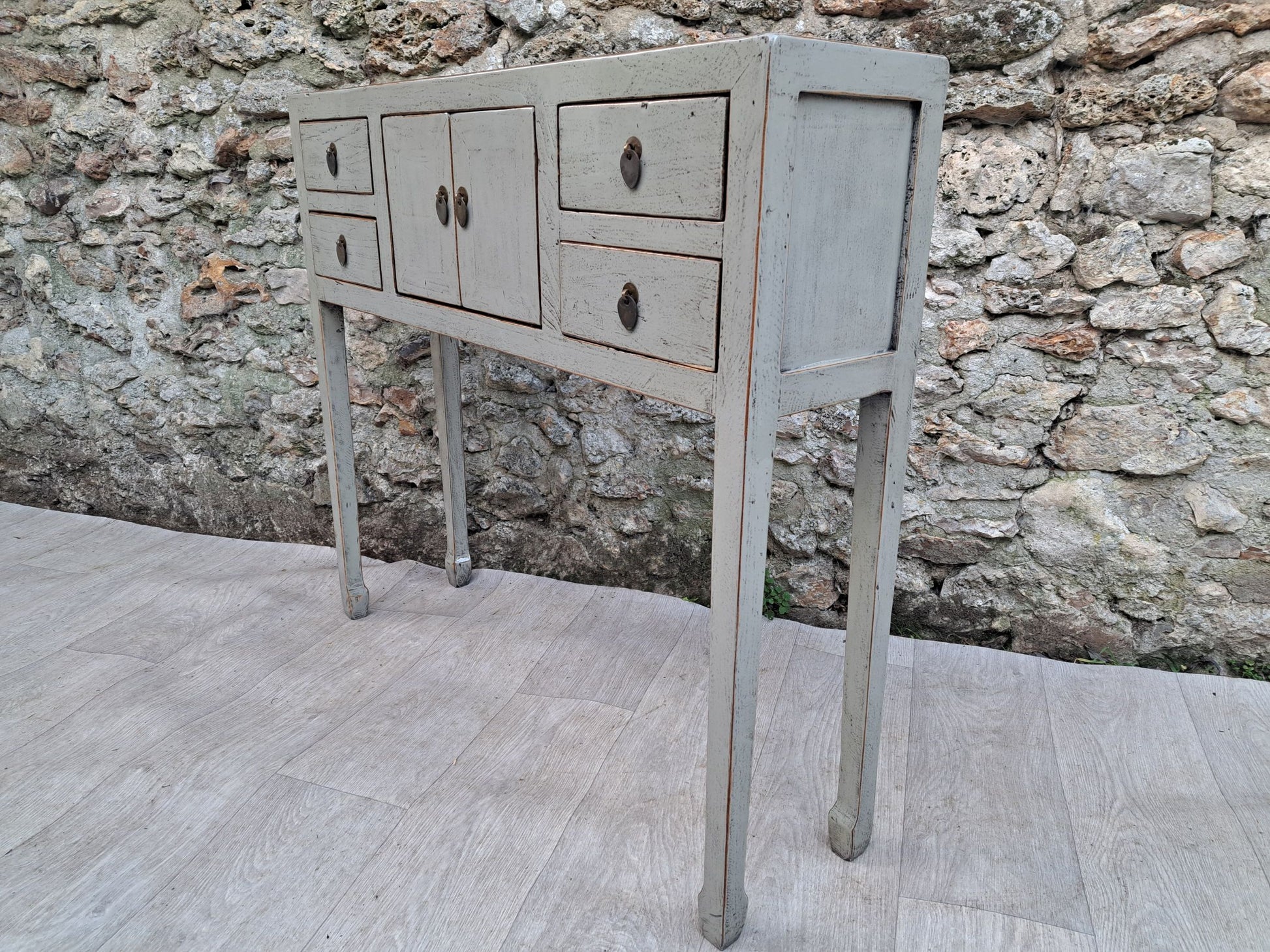 Console grise laquée 2 portes et 4 tiroirs gauche