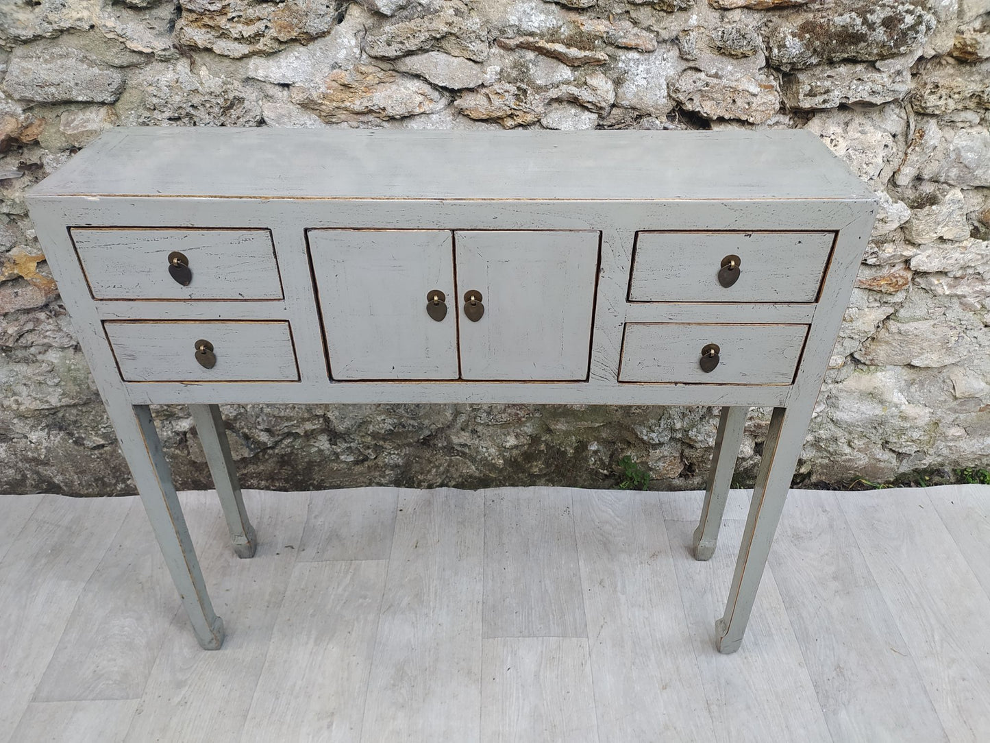 Console grise laquée 2 portes et 4 tiroirs dessus