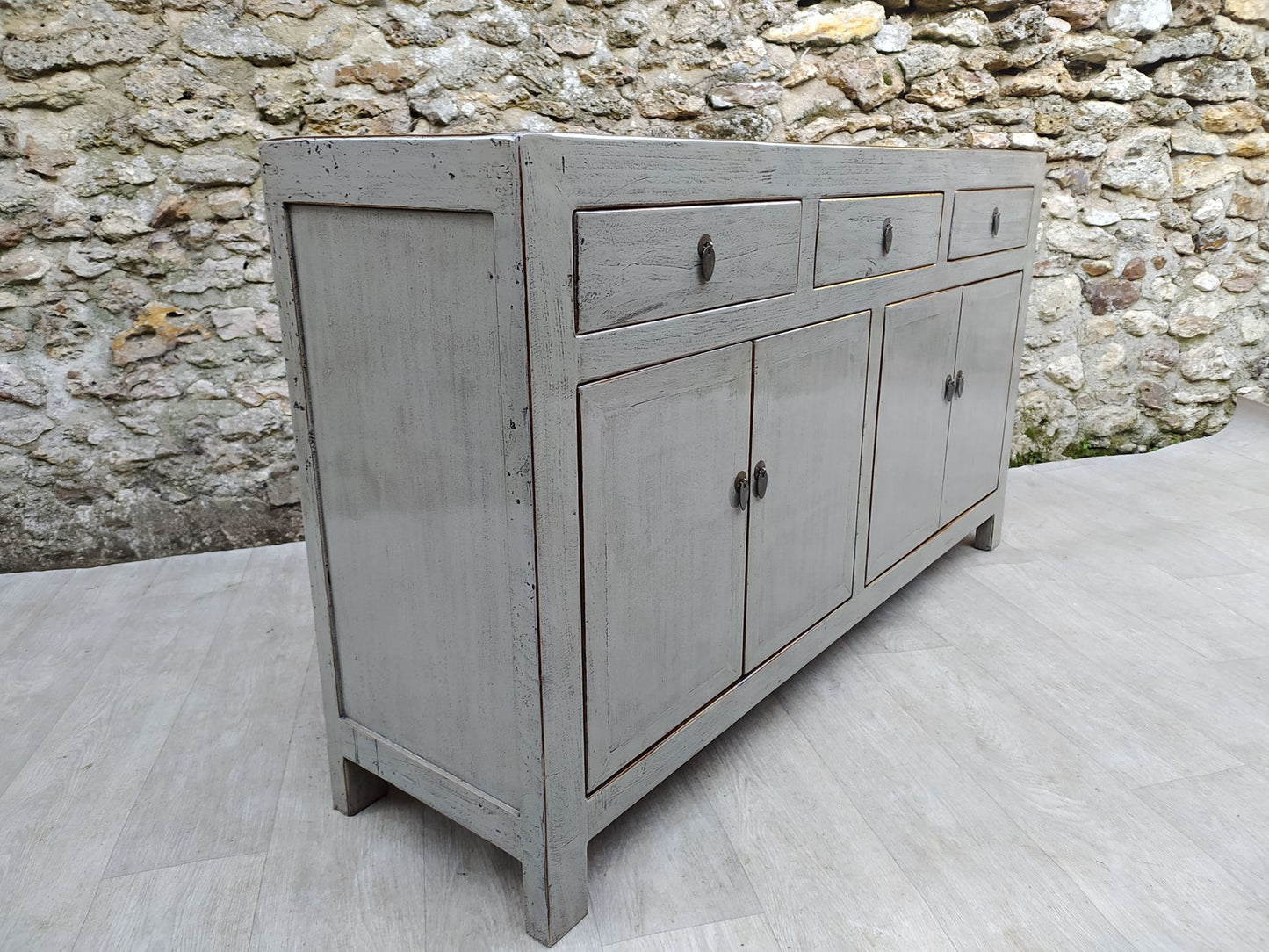 Grand buffet gris clair laqué 3 tiroirs et 4 portes côté gauche