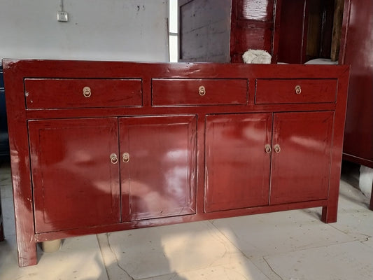 Large Dark Red Lacquered Living Room Unit 4 Doors 3 Drawers
