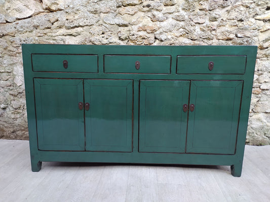 Grand buffet vert paon laqué 3 tiroirs et 4 portes face