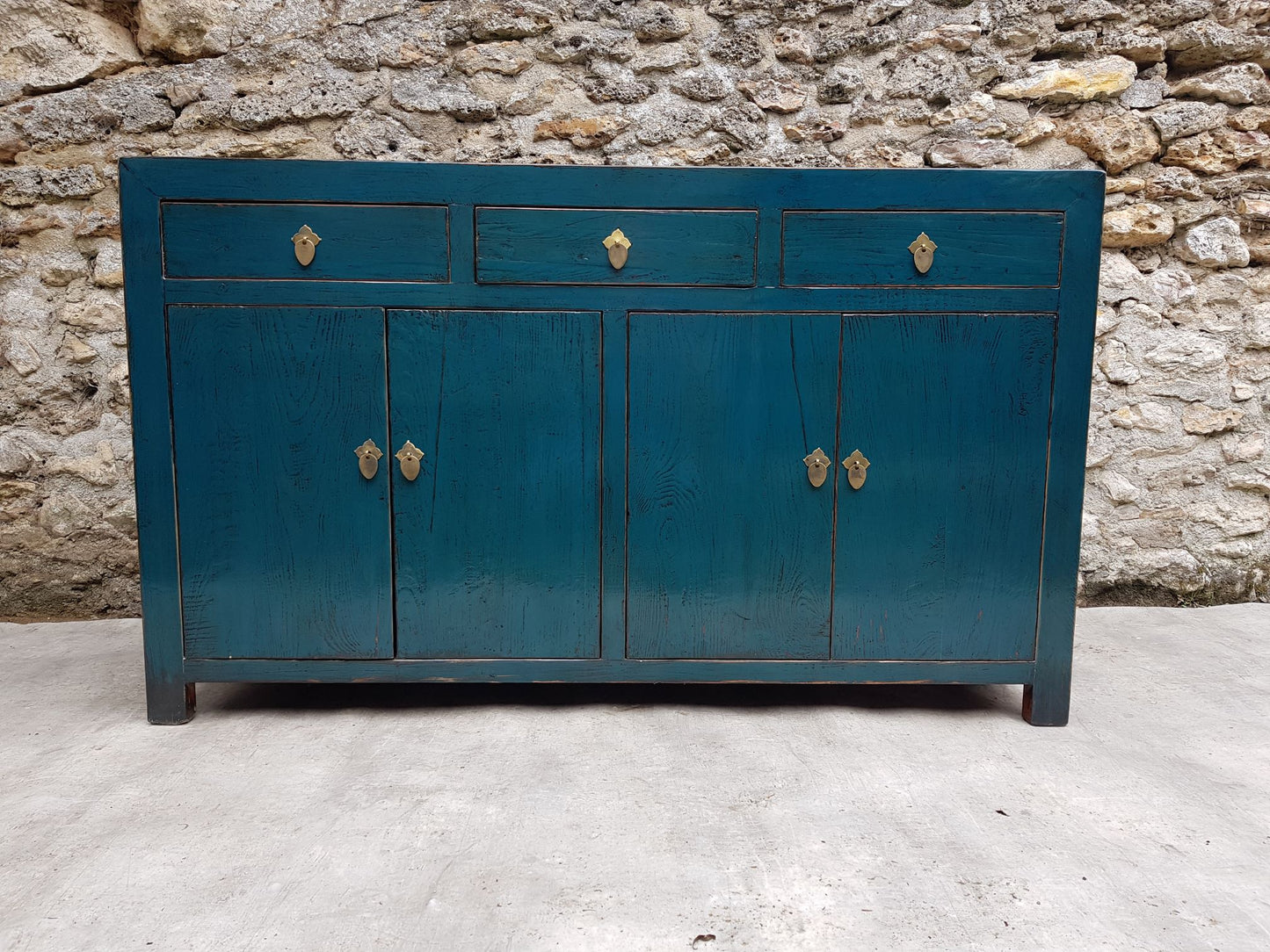 Grand Buffet Meuble Laqué Bleu Canard 3 Tiroirs 4 Portes