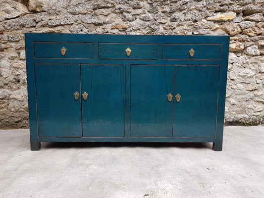 Grand Buffet Meuble Laqué Bleu Canard 3 Tiroirs 4 Portes