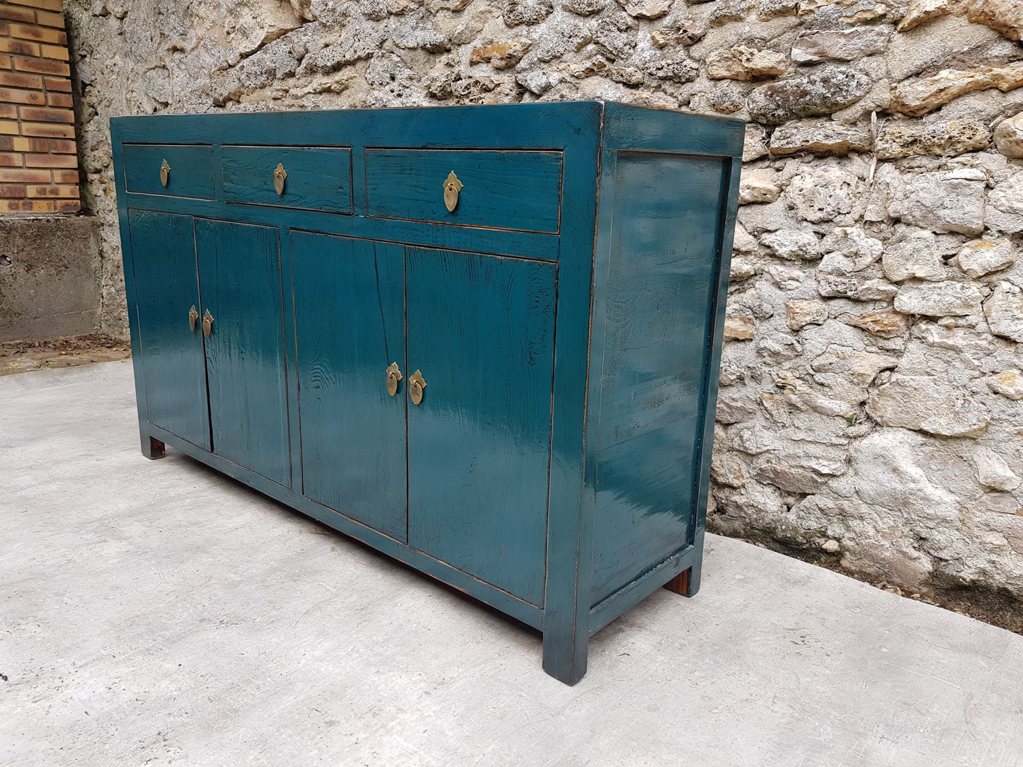 Grand Buffet Meuble Laqué Bleu Canard 3 Tiroirs 4 Portes