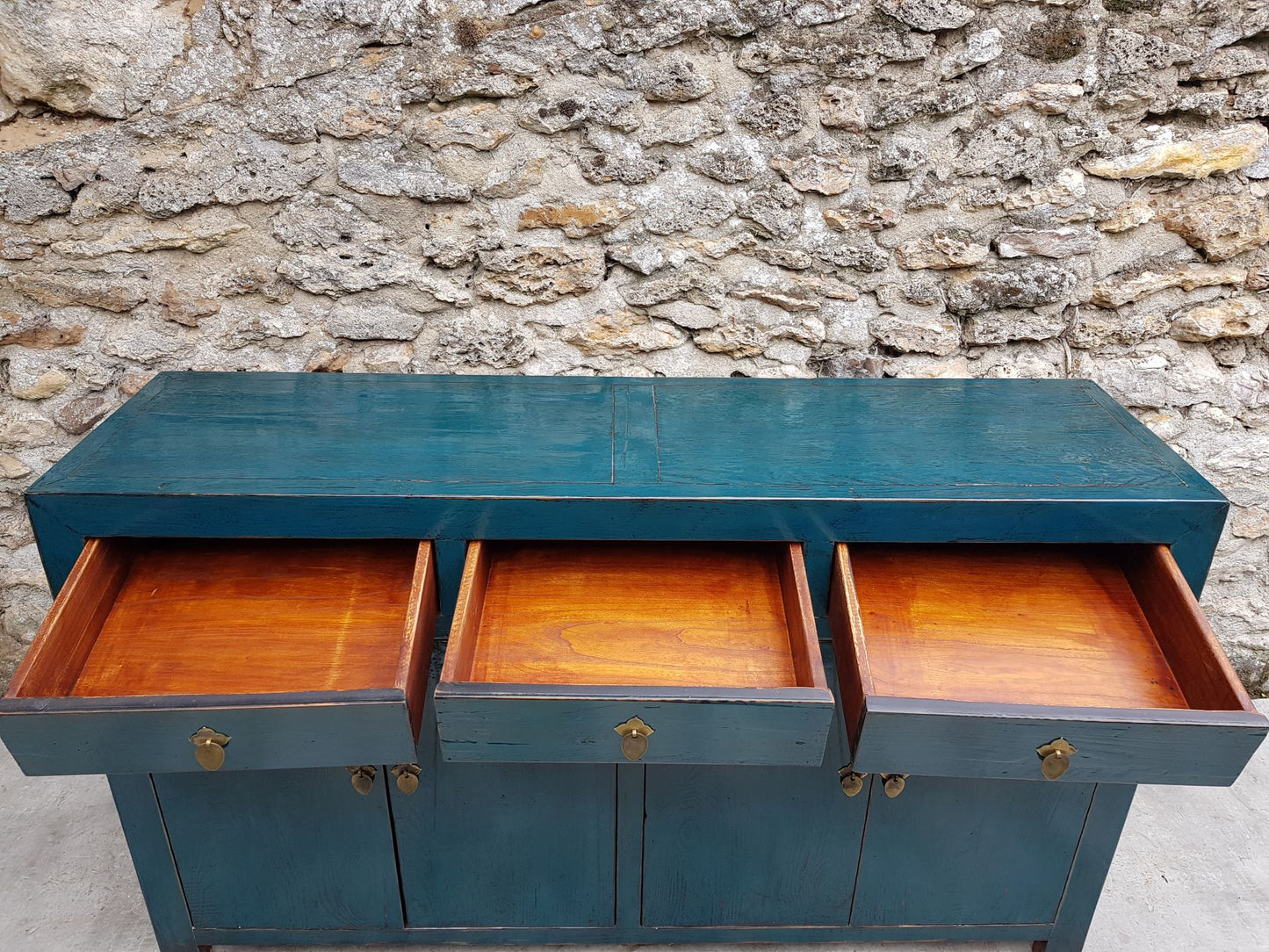 Grand Buffet Meuble Laqué Bleu Canard 3 Tiroirs 4 Portes