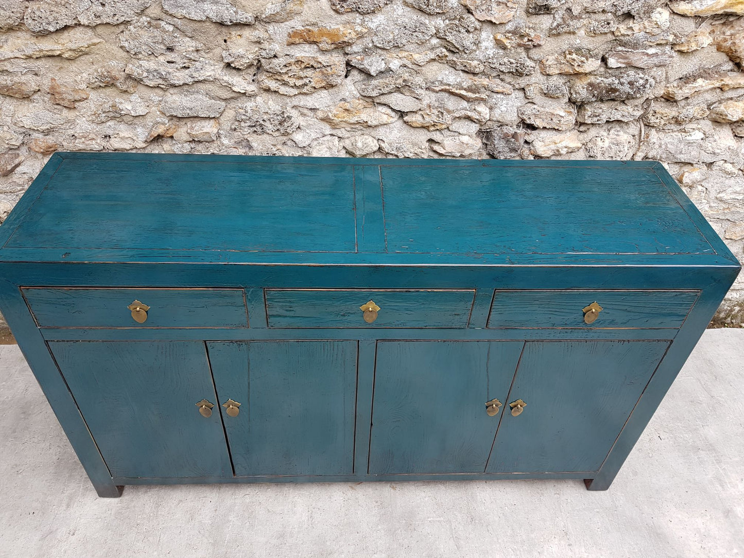 Grand Buffet Meuble Laqué Bleu Canard 3 Tiroirs 4 Portes