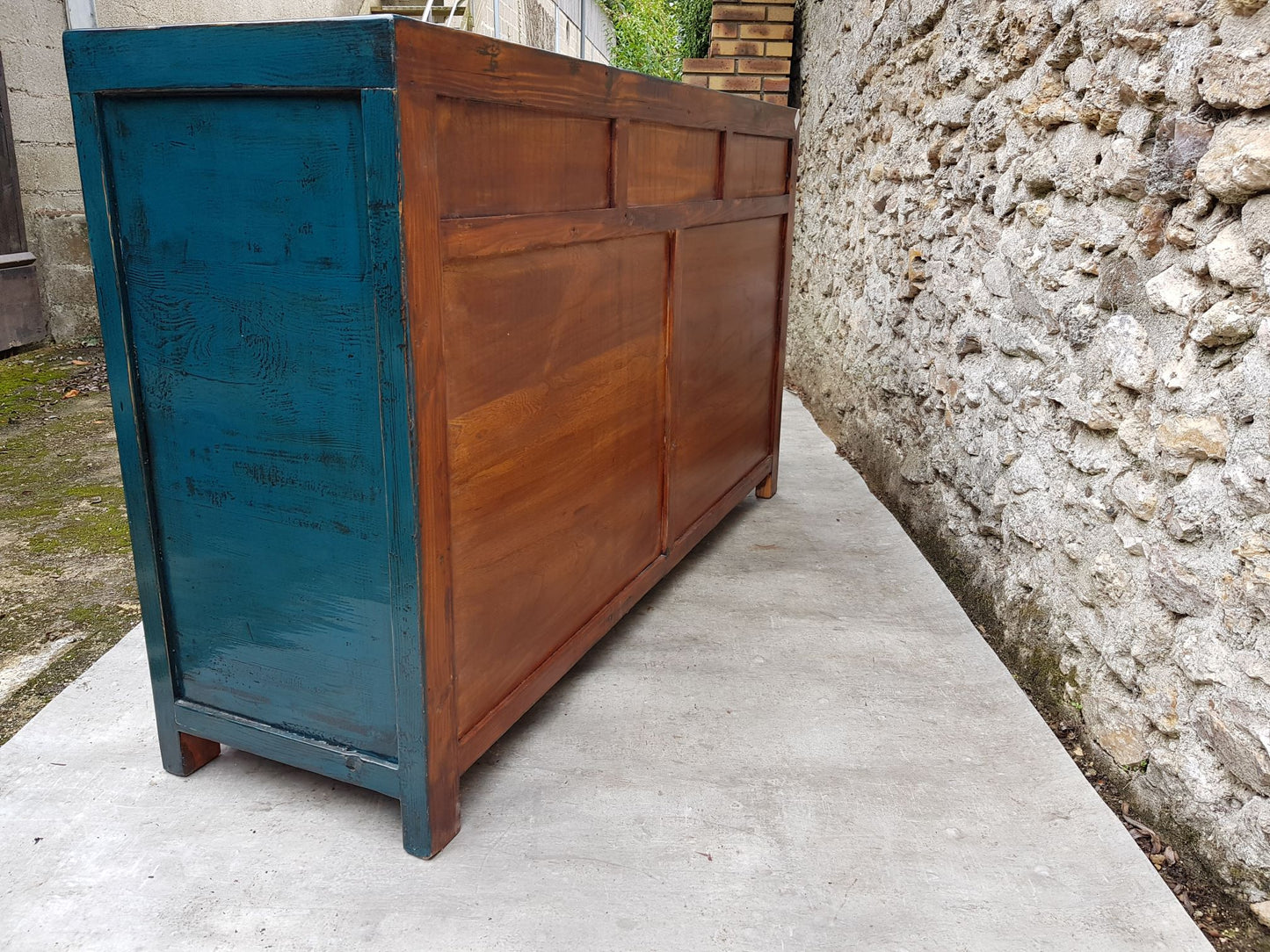 Grand Buffet Meuble Laqué Bleu Canard 3 Tiroirs 4 Portes