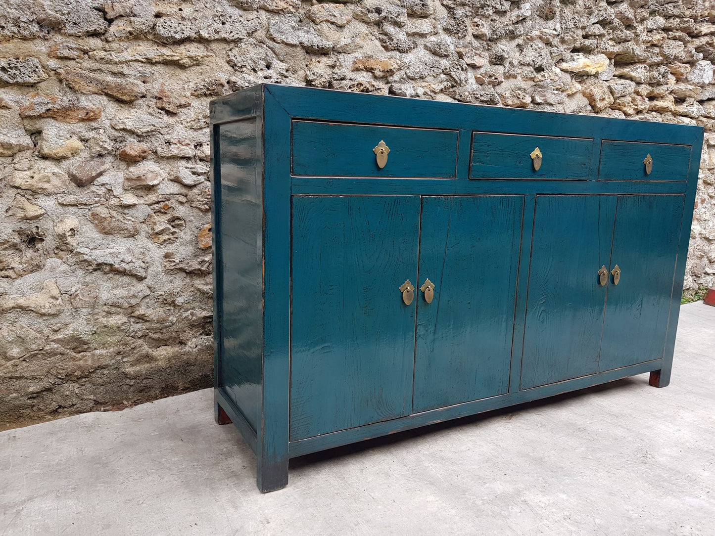 Grand Buffet Meuble Laqué Bleu Canard 3 Tiroirs 4 Portes