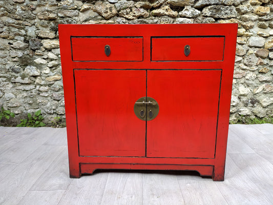 Small Light Red Lacquered Living Room Unit 2 Drawers 2 Doors