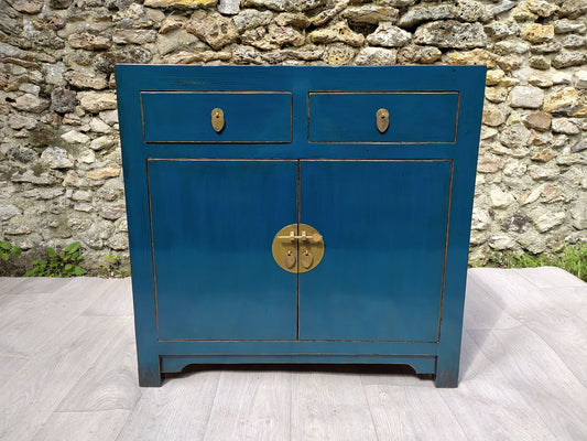 Small Dark Blue Lacquered Living Room Unit 2 Drawers 2 Doors