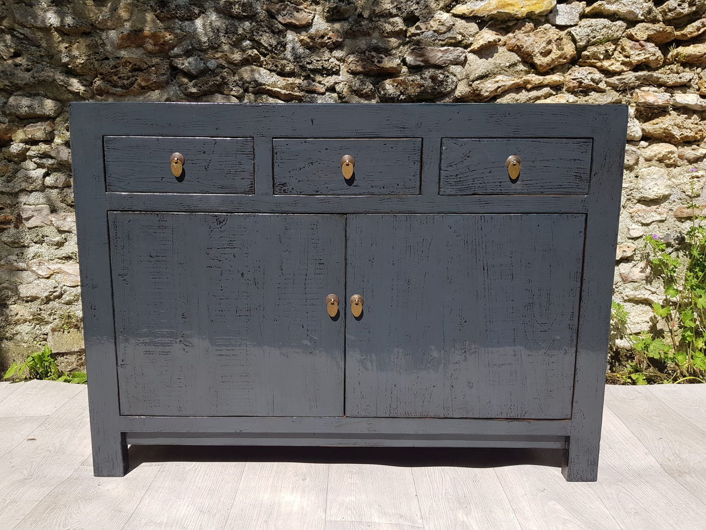 Dark Gray Lacquered Living Room Sideboard with 3 Drawers 2 Doors
