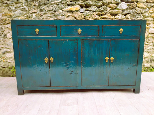 Large Buffet Blue-Green Lacquered Furniture 3 Drawers 4 Doors