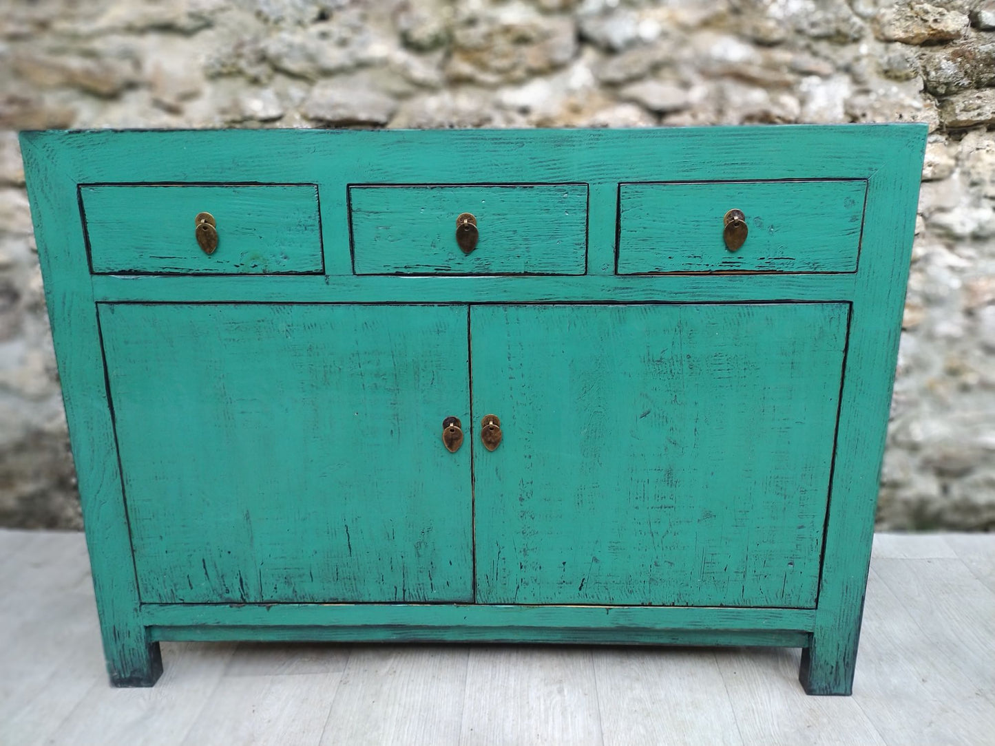 Moyen buffet bois ancien bleu vert turquoise 3 tiroirs et 2 portes face