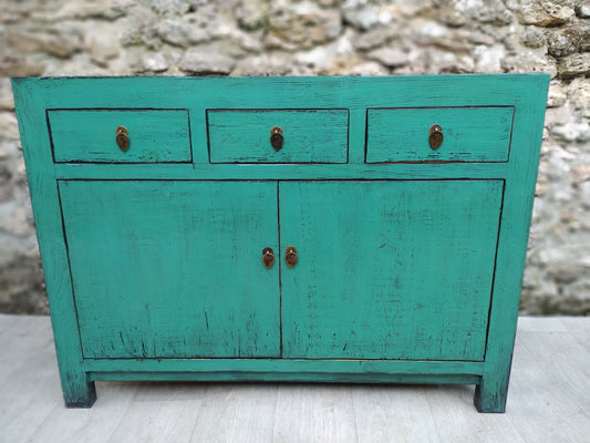 Moyen buffet bois ancien bleu vert turquoise 3 tiroirs et 2 portes face