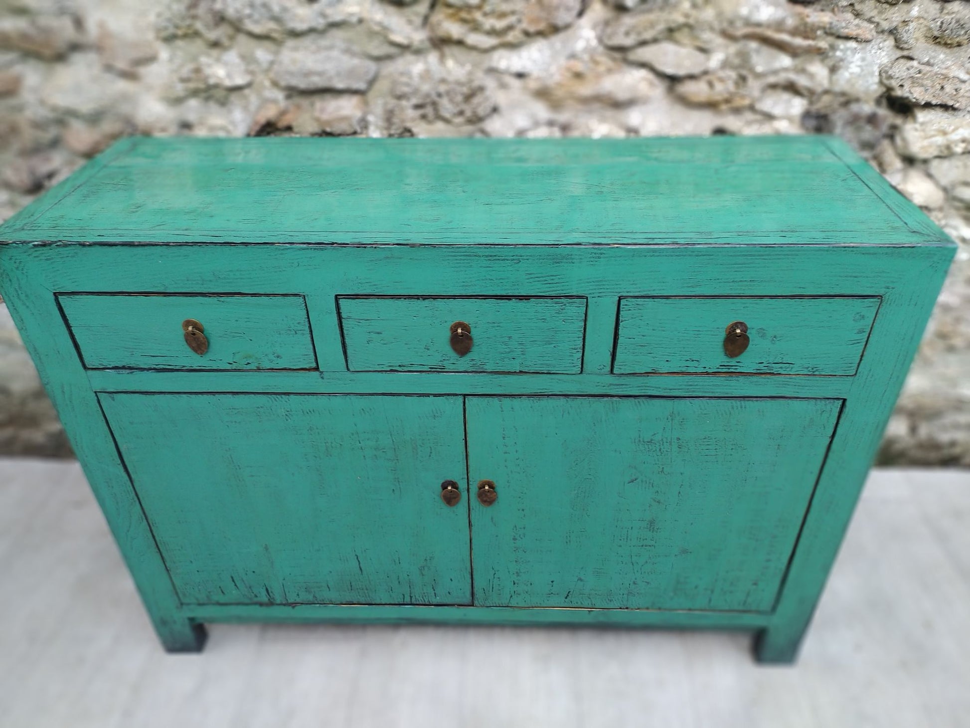 Moyen buffet bois ancien bleu vert turquoise 3 tiroirs et 2 portes dessus