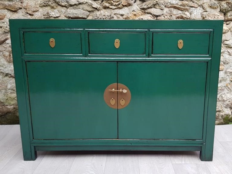 meuble buffet 3 tiroirs 2 portes vert émeraude laqué face