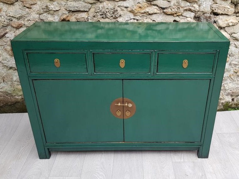 meuble buffet 3 tiroirs 2 portes vert émeraude laqué dessus