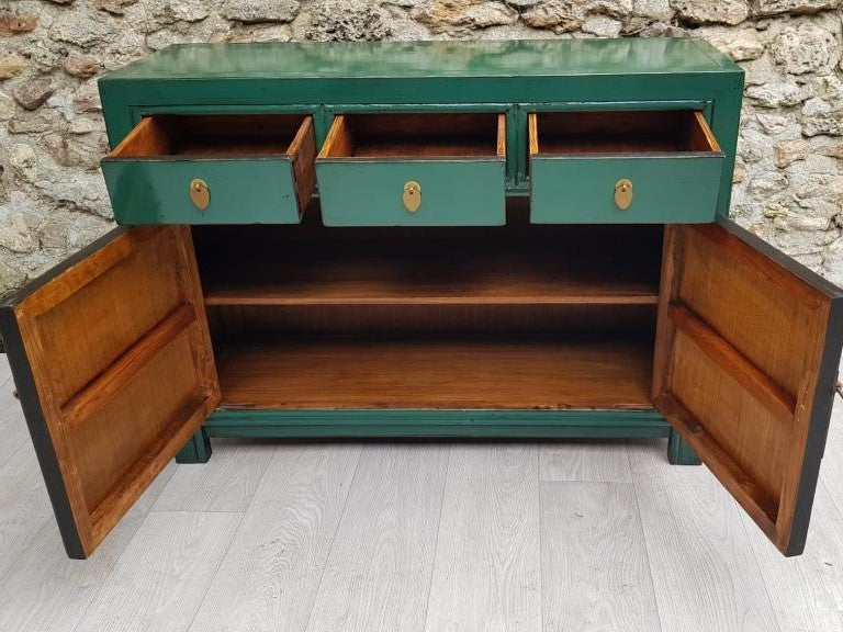 meuble buffet 3 tiroirs 2 portes ouverts vert émeraude laqué