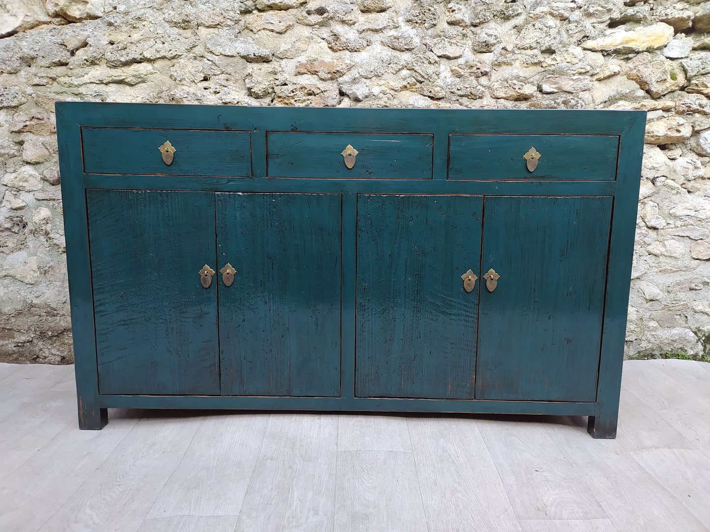Grand buffet bleu vert laqué 3 tiroirs et 4 portes de face
