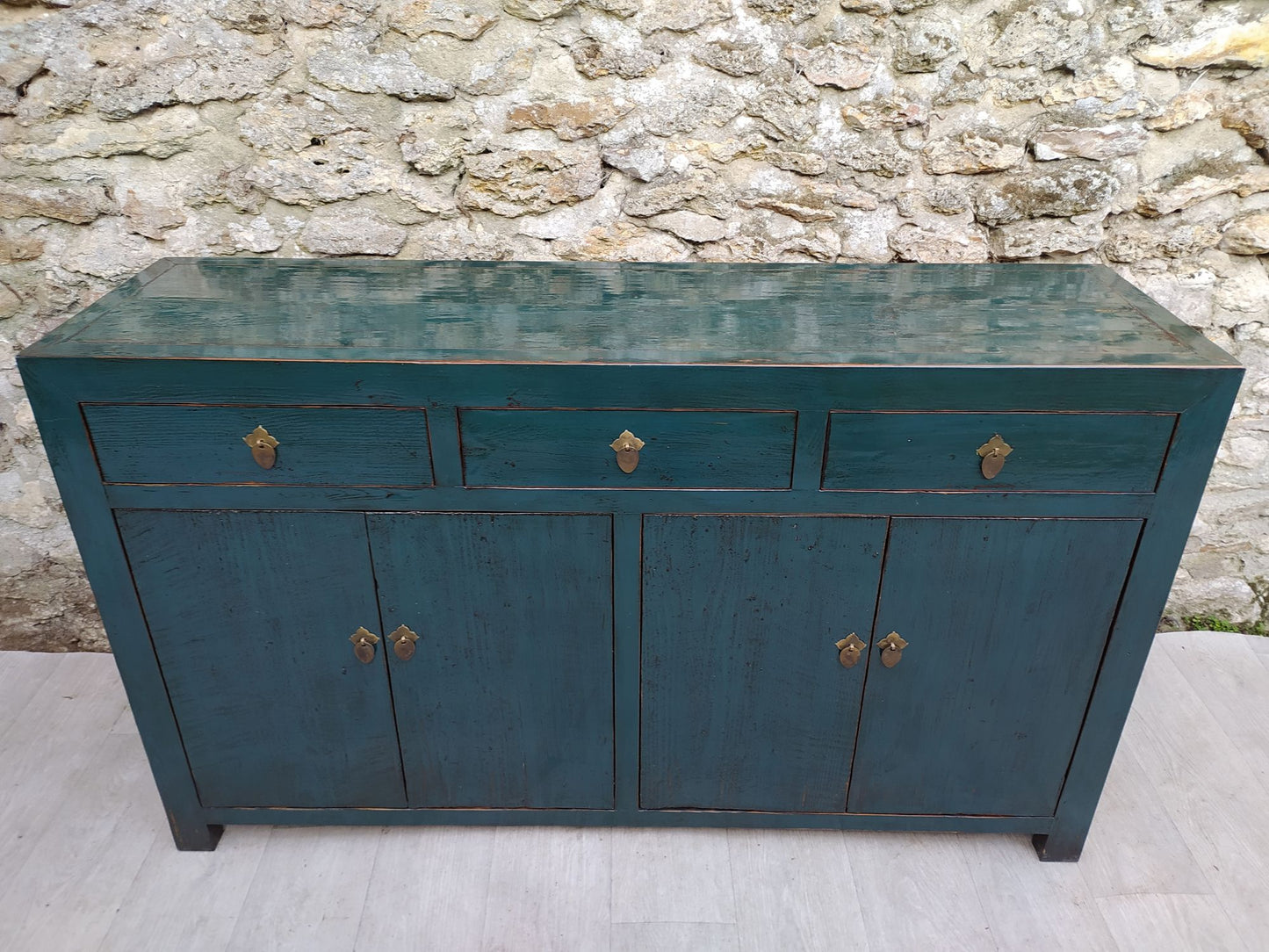 Grand buffet bleu vert laqué 3 tiroirs et 4 portes de haut