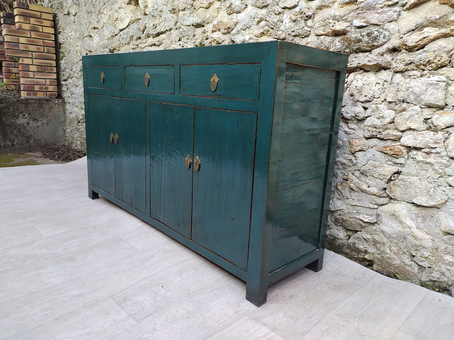 Grand buffet bleu vert laqué 3 tiroirs et 4 portes droite