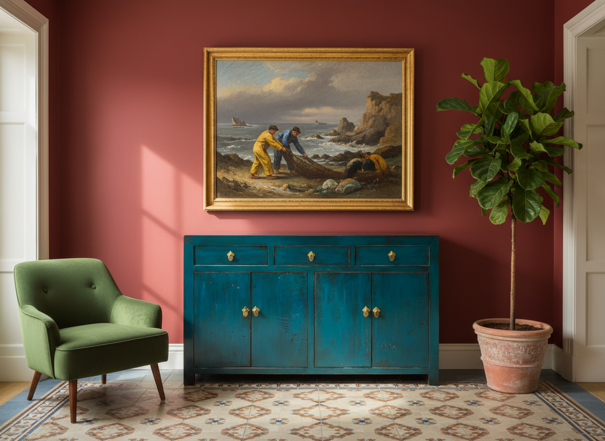 Grand buffet bleu vert laqué 3 tiroirs et 4 portes dans salon