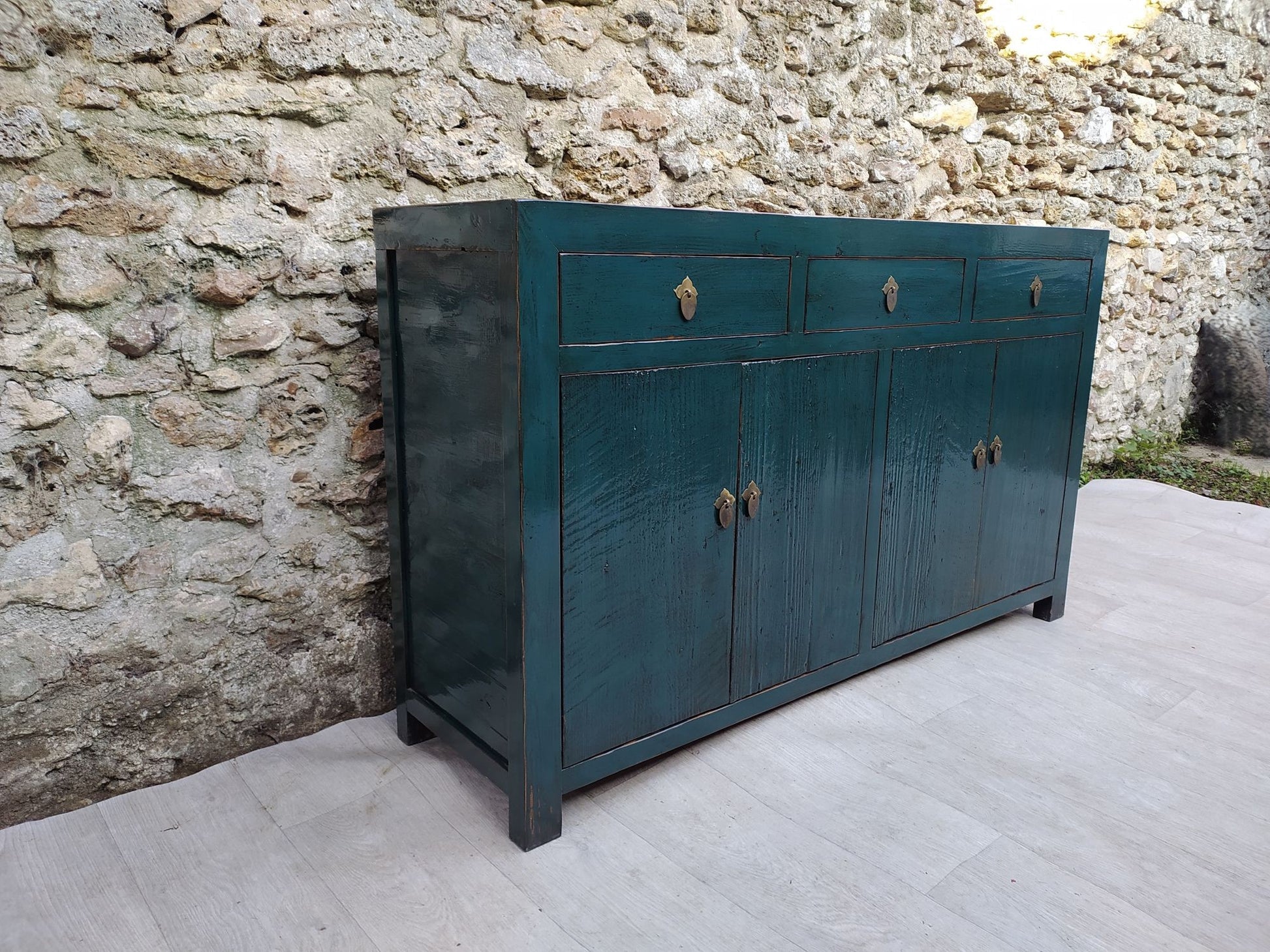Grand buffet bleu vert laqué 3 tiroirs et 4 portes gauche