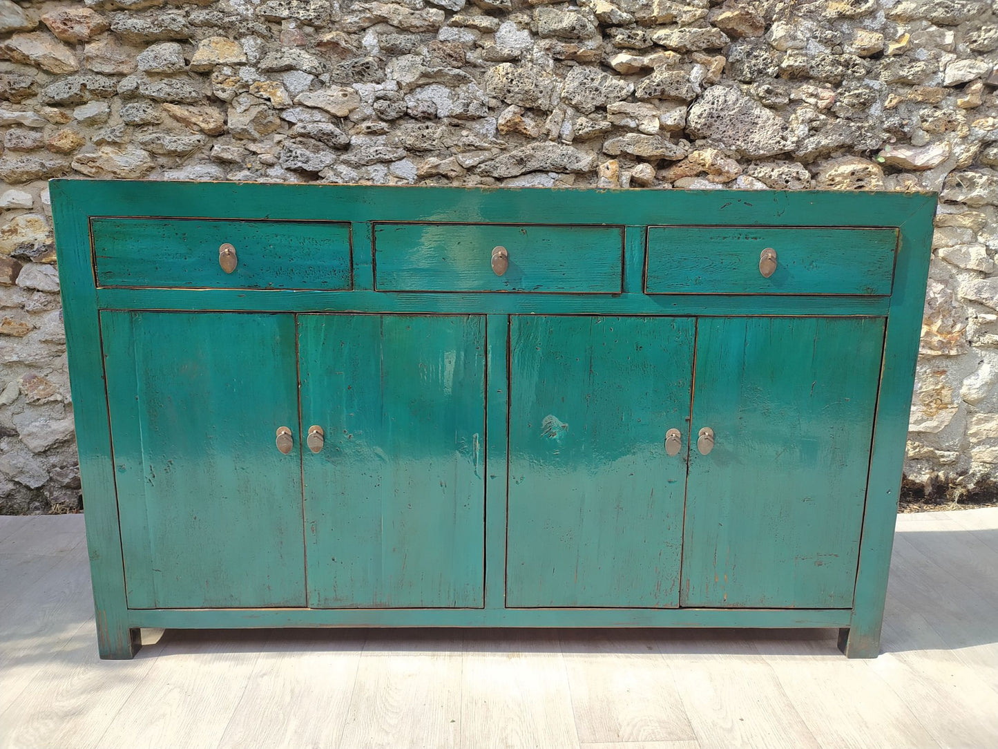 Grand Buffet Vert Bleu Turquoise Laqué 3 Tiroirs 4 Portes