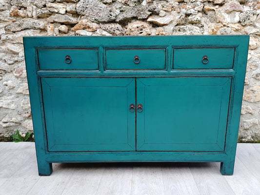 Turquoise Blue Lacquered Living Room Buffet with 3 Drawers 2 Doors