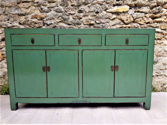 Grand Buffet Ancien Laqué Vert d'Eau avec 3 Tiroirs  4 Portes