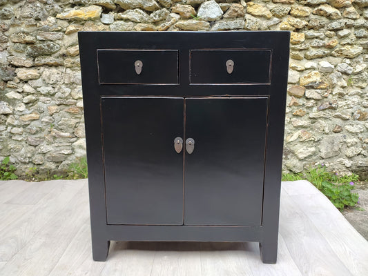 Small Black Satin Living Room Buffet with 2 Drawers 2 Doors