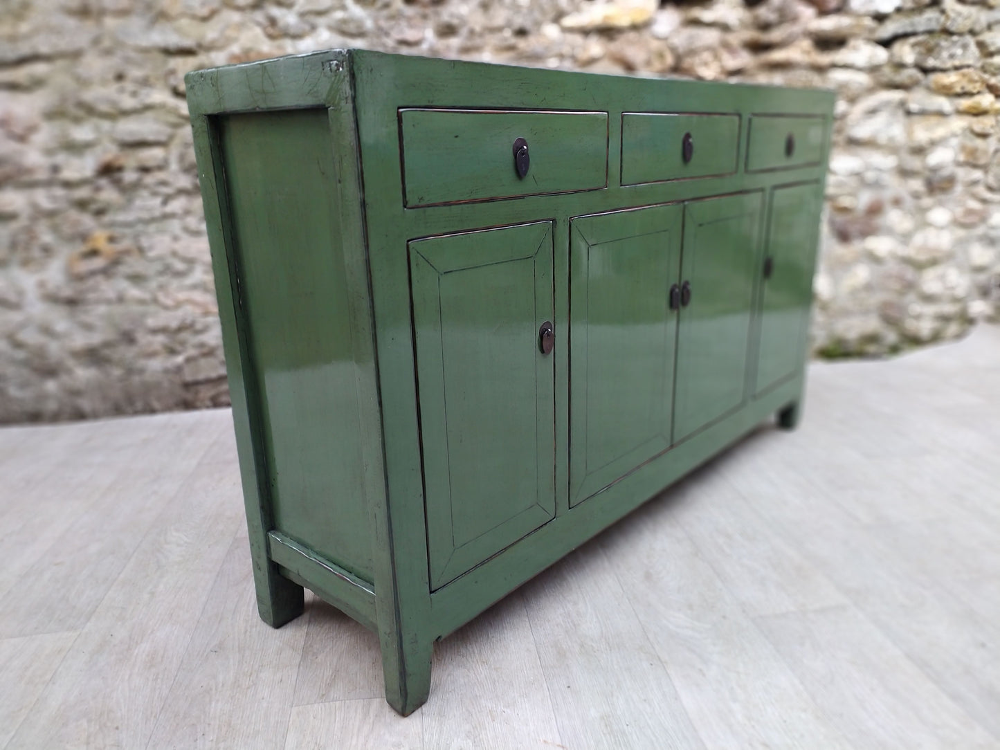 Grand buffet vert d'eau laqué 3 tiroirs 4 portes côté gauche