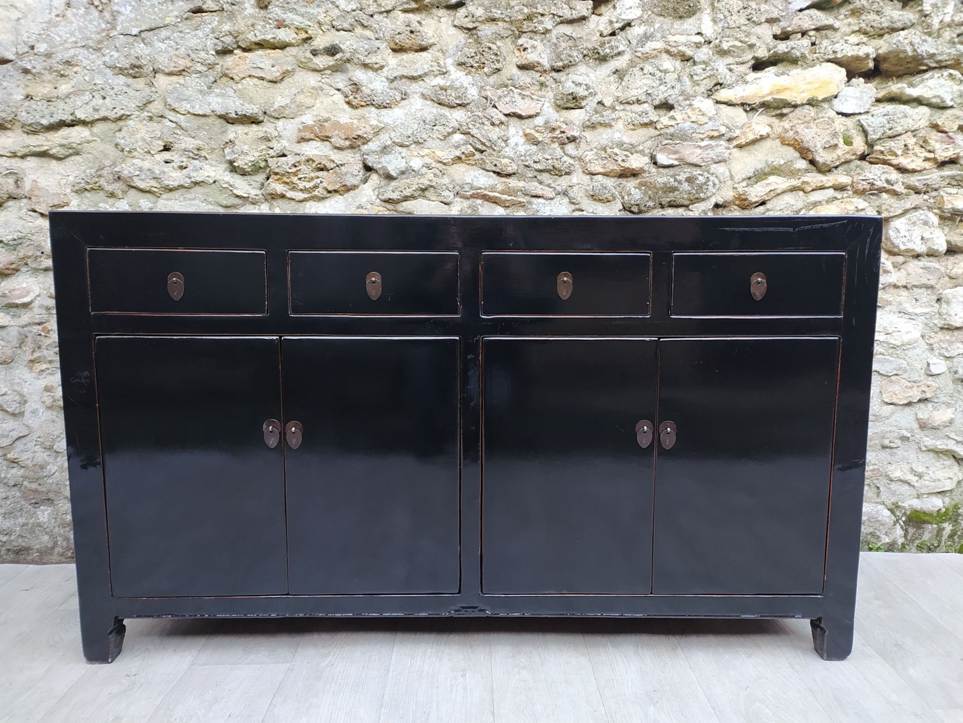 Grand buffet noir laqué 4 tiroirs 4 portes face