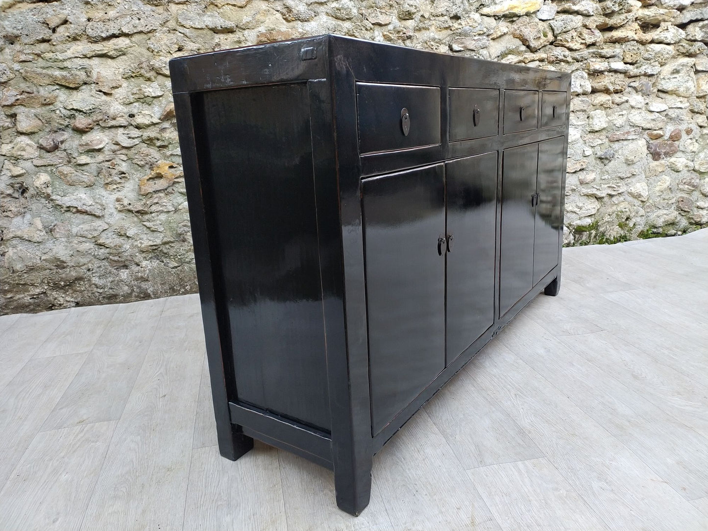 Grand buffet noir laqué 4 tiroirs 4 portes côté gauche