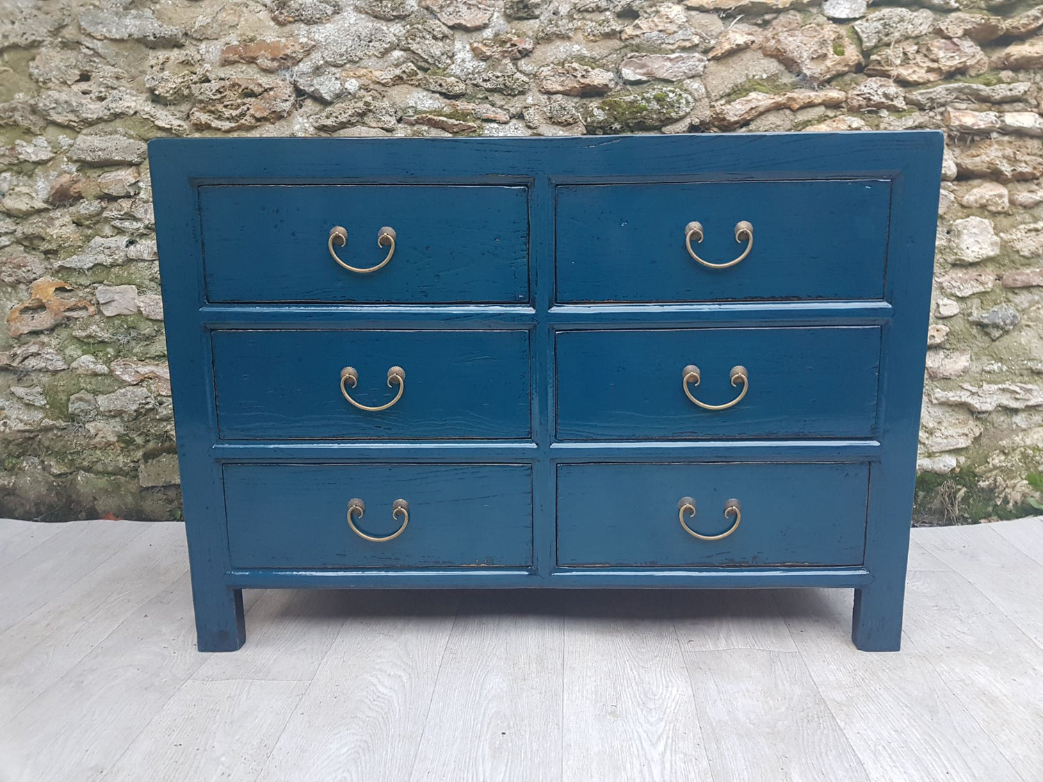 commode 6 tiroirs, laquée bleu canard, vue de face