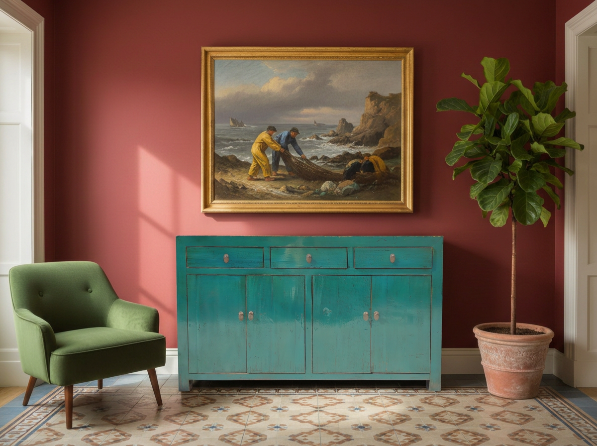 Grand buffet bleu-ver turquoise laqué 3 tiroirs et 4 portes, dessus orme brut laqué, vue intérieure
