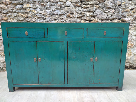Grand buffet bleu-ver turquoise laqué 3 tiroirs et 4 portes, dessus orme brut laqué, vue de face
