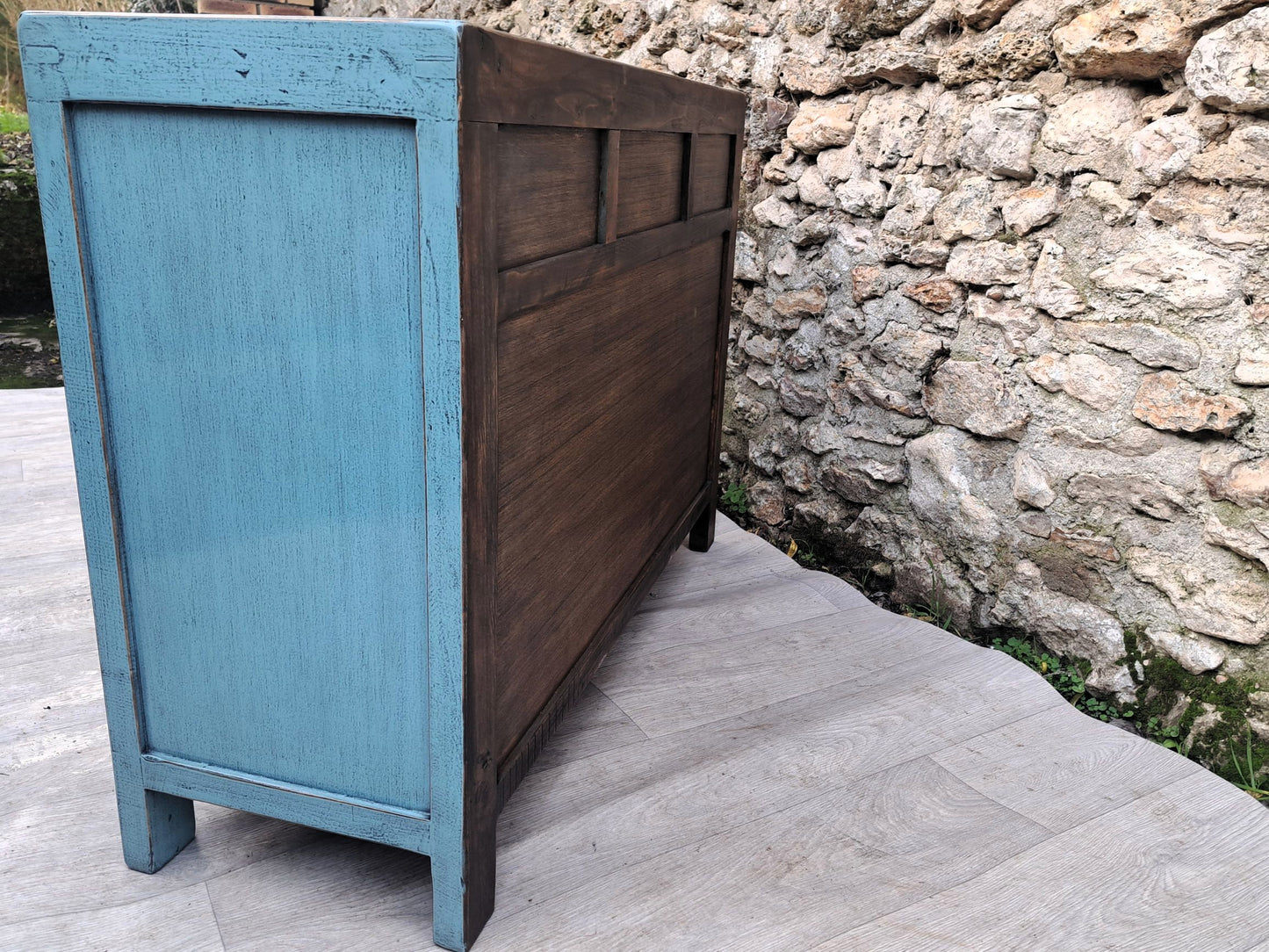 meuble bleu pastel laqué 3 tiroirs 2 portes, vue arrière