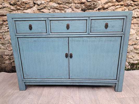 meuble bleu pastel laqué 3 tiroirs et 2 portes vue de face