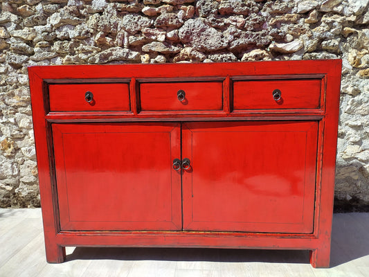 moyen buffet rouge clair laqué 3 tiroirs 2 portes de face