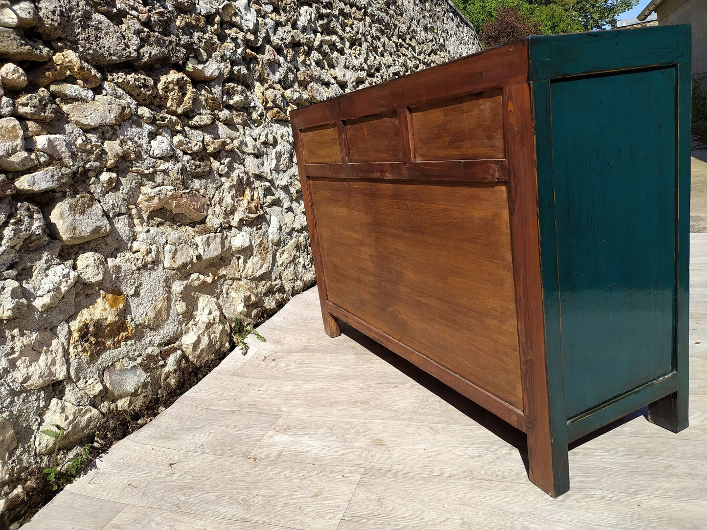 moyen buffet bois ancien laqué patine bleu canard 3 tiroirs et 2 portes vue arrière
