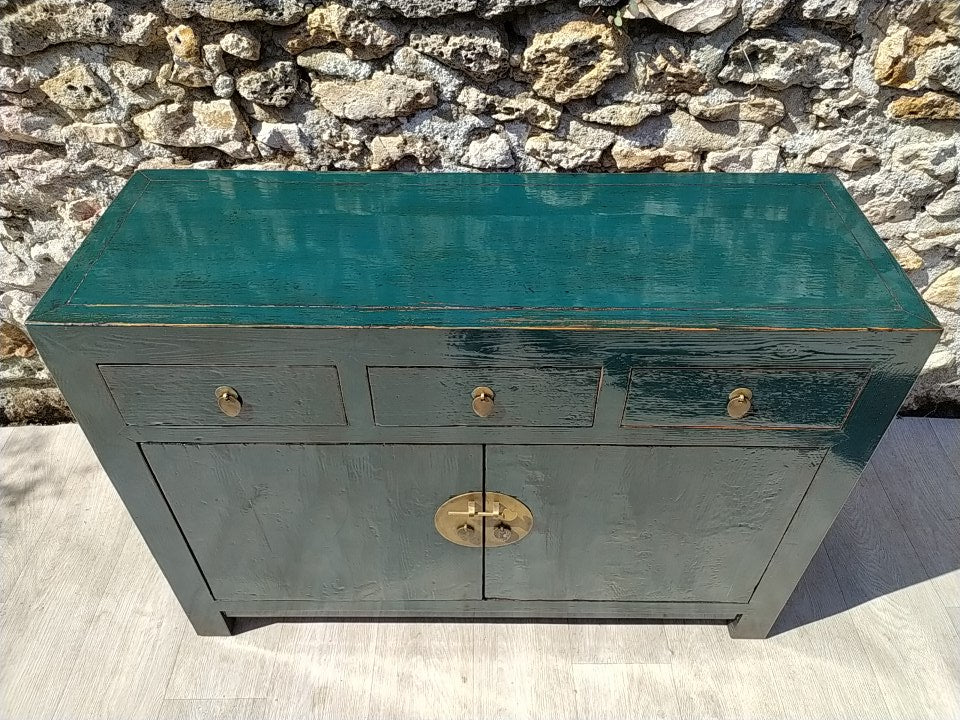 moyen buffet bois ancien laqué patine bleu canard 3 tiroirs et 2 portes vue de dessus