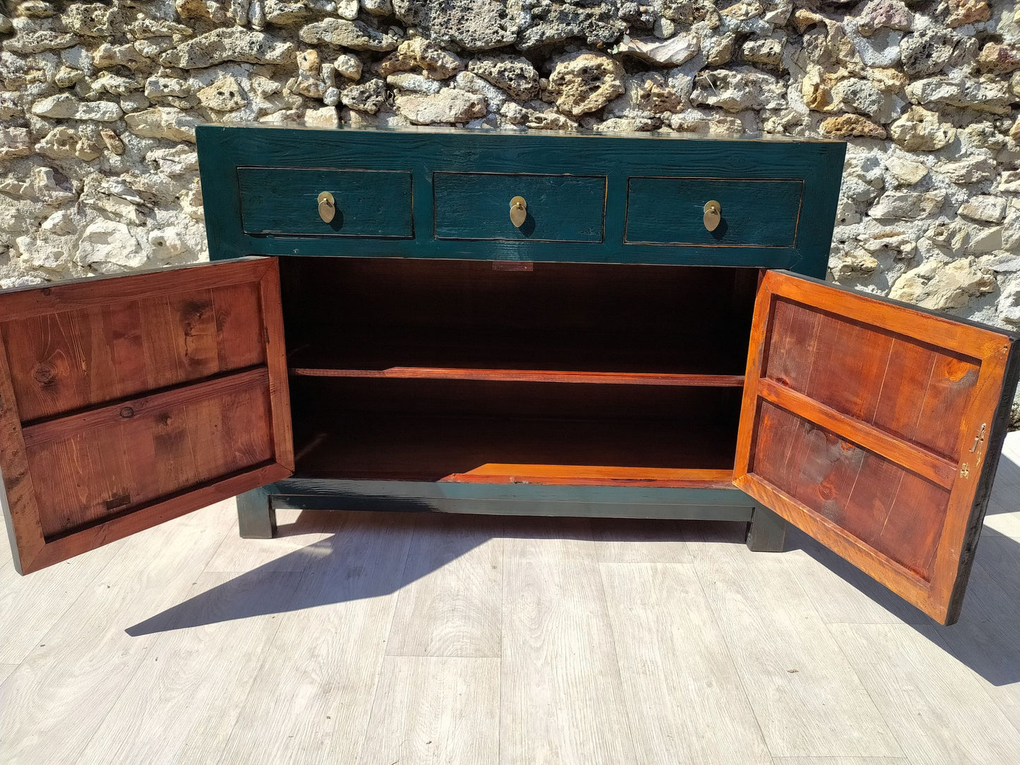 moyen buffet bois ancien laqué patine bleu canard 3 tiroirs et 2 portes ouvertes