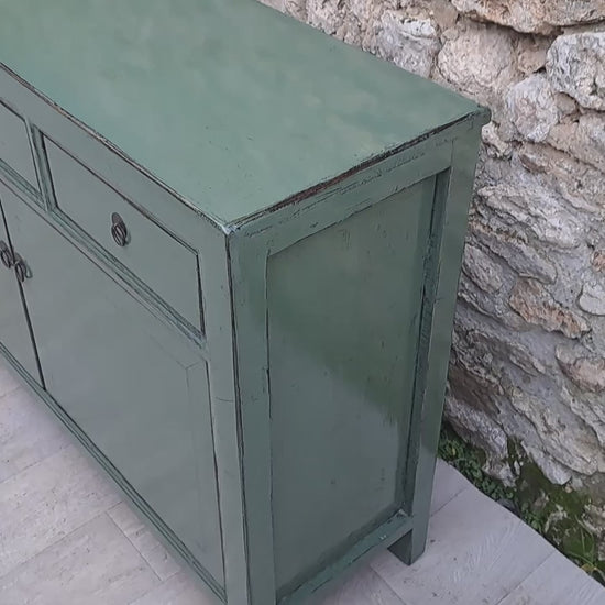 meuble buffet vert d'eau laqué trois tiroirs deux portes