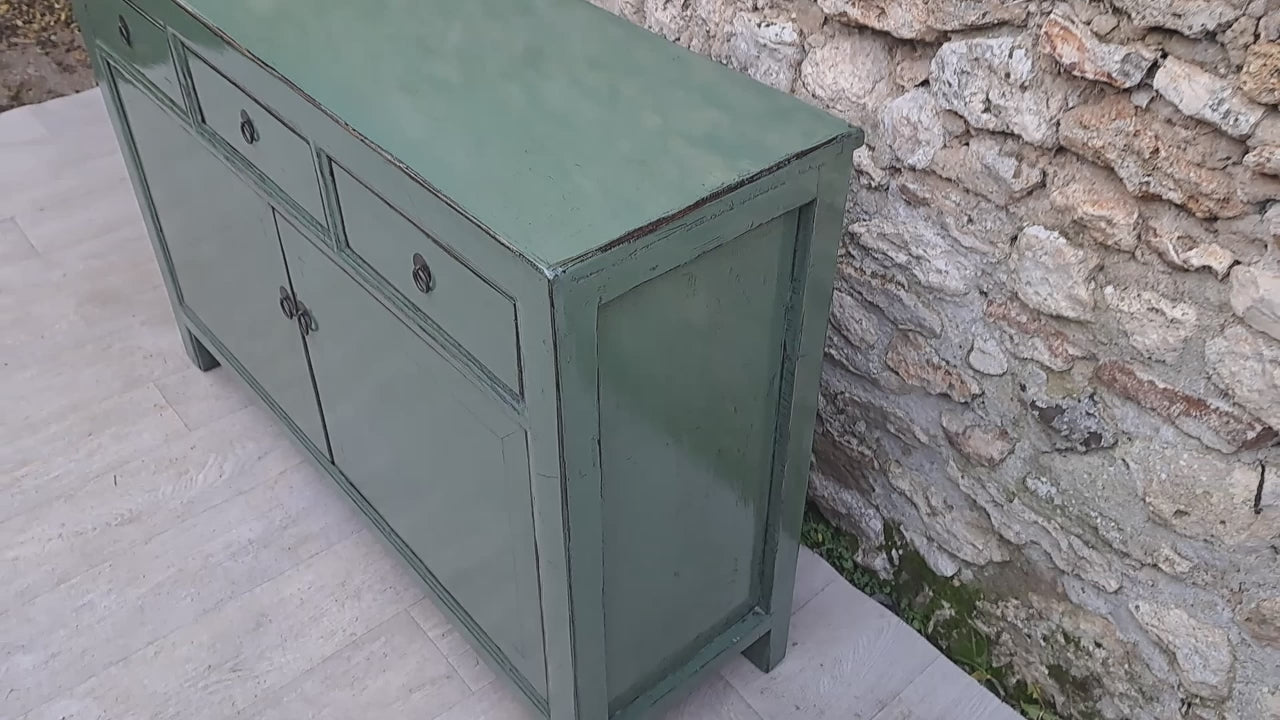 meuble buffet vert d'eau laqué trois tiroirs deux portes