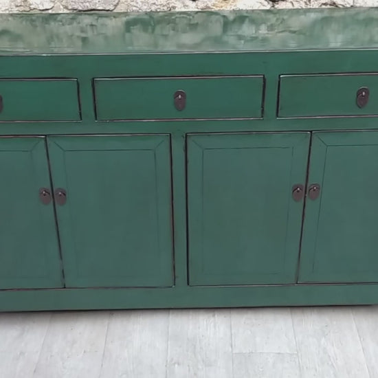 Grand buffet vert paon laqué 3 tiroirs 4 portes vidéo