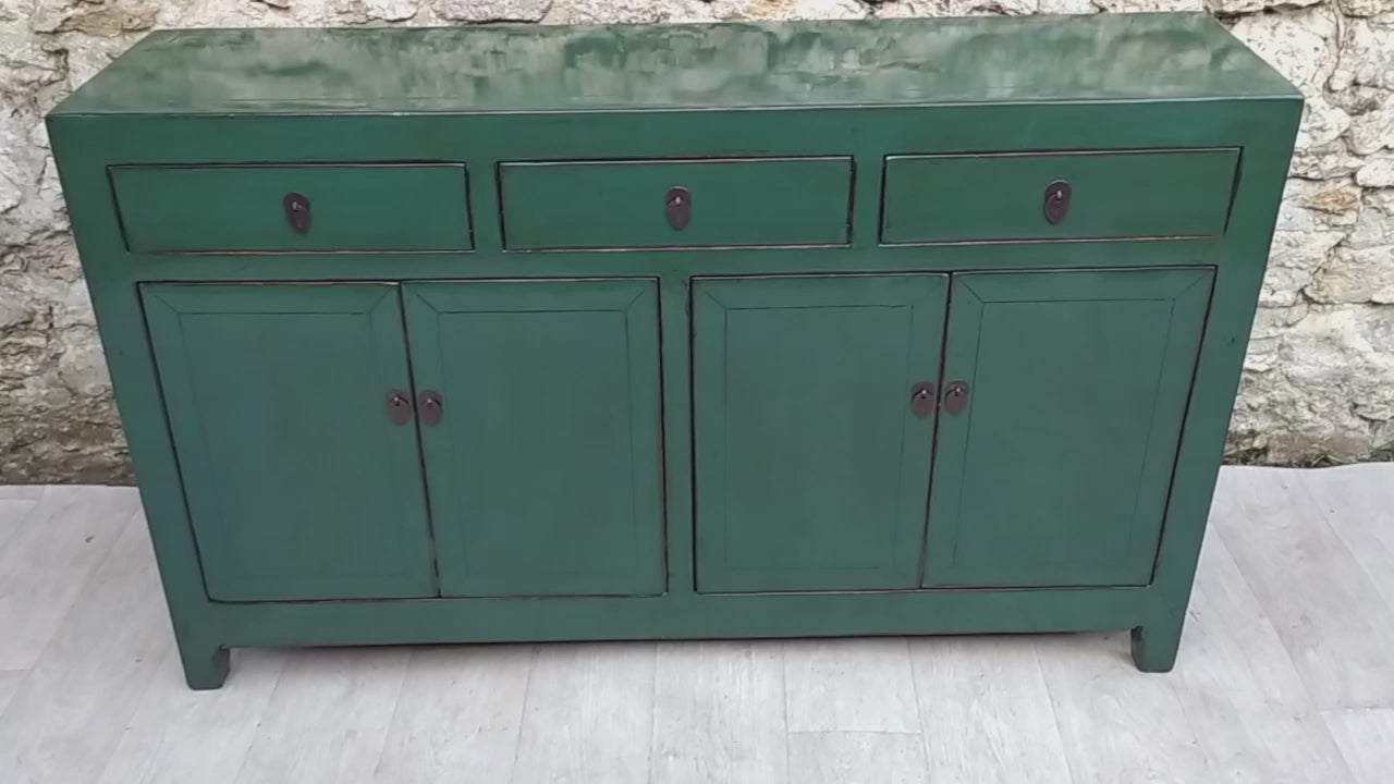 Grand buffet vert paon laqué 3 tiroirs 4 portes vidéo