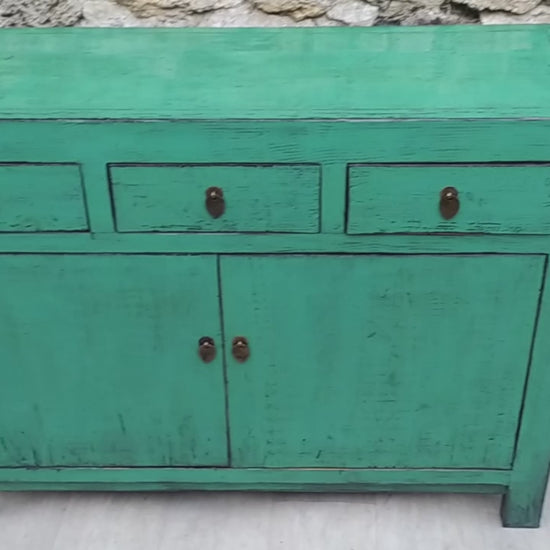 Moyen buffet bois ancien bleu vert turquoise 3 tiroirs et 2 portes vidéo